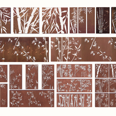 新中式锈板景墙su模型