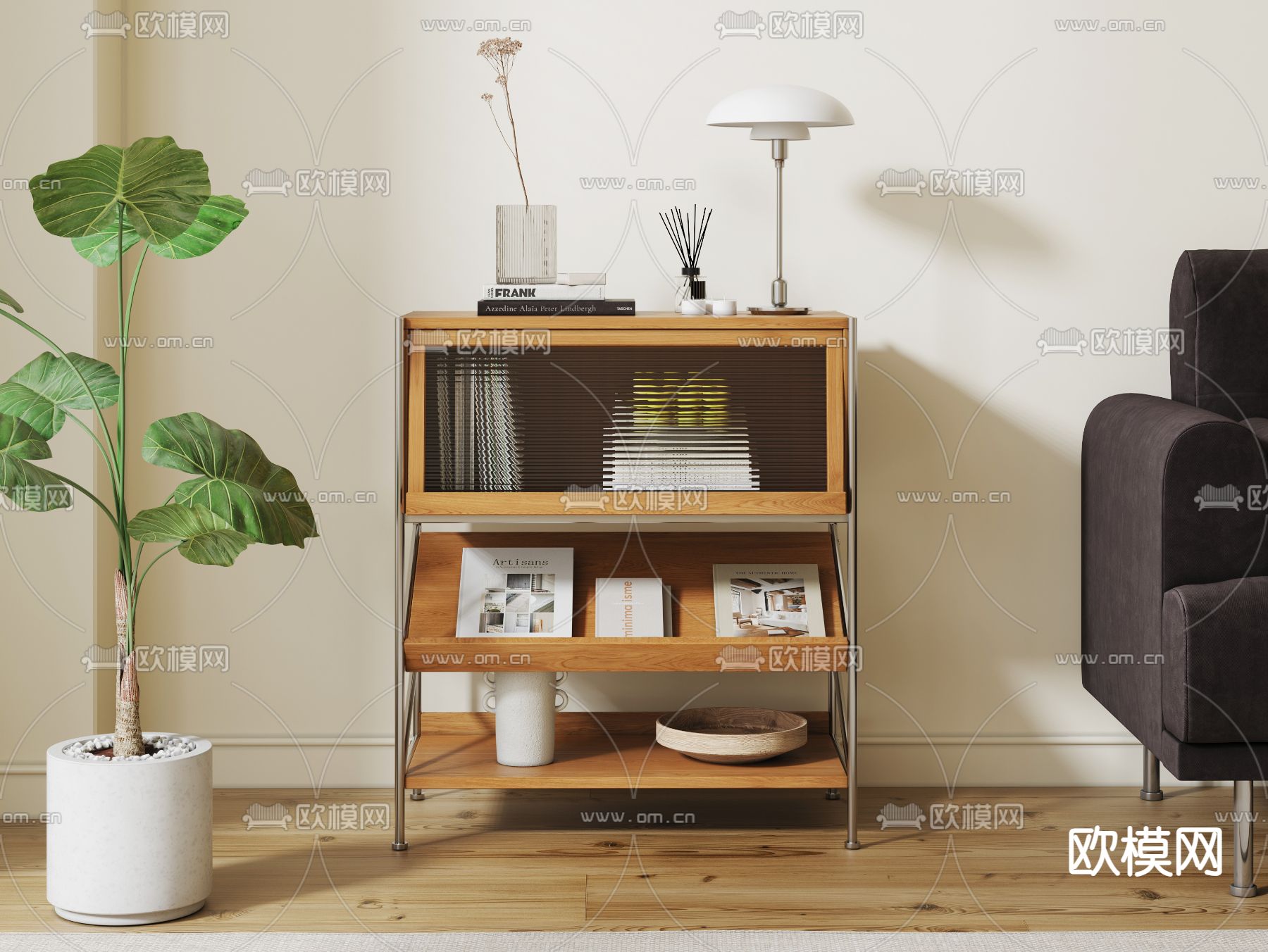 北欧边柜 杂志架 储物柜3d模型下载（渲染图1）