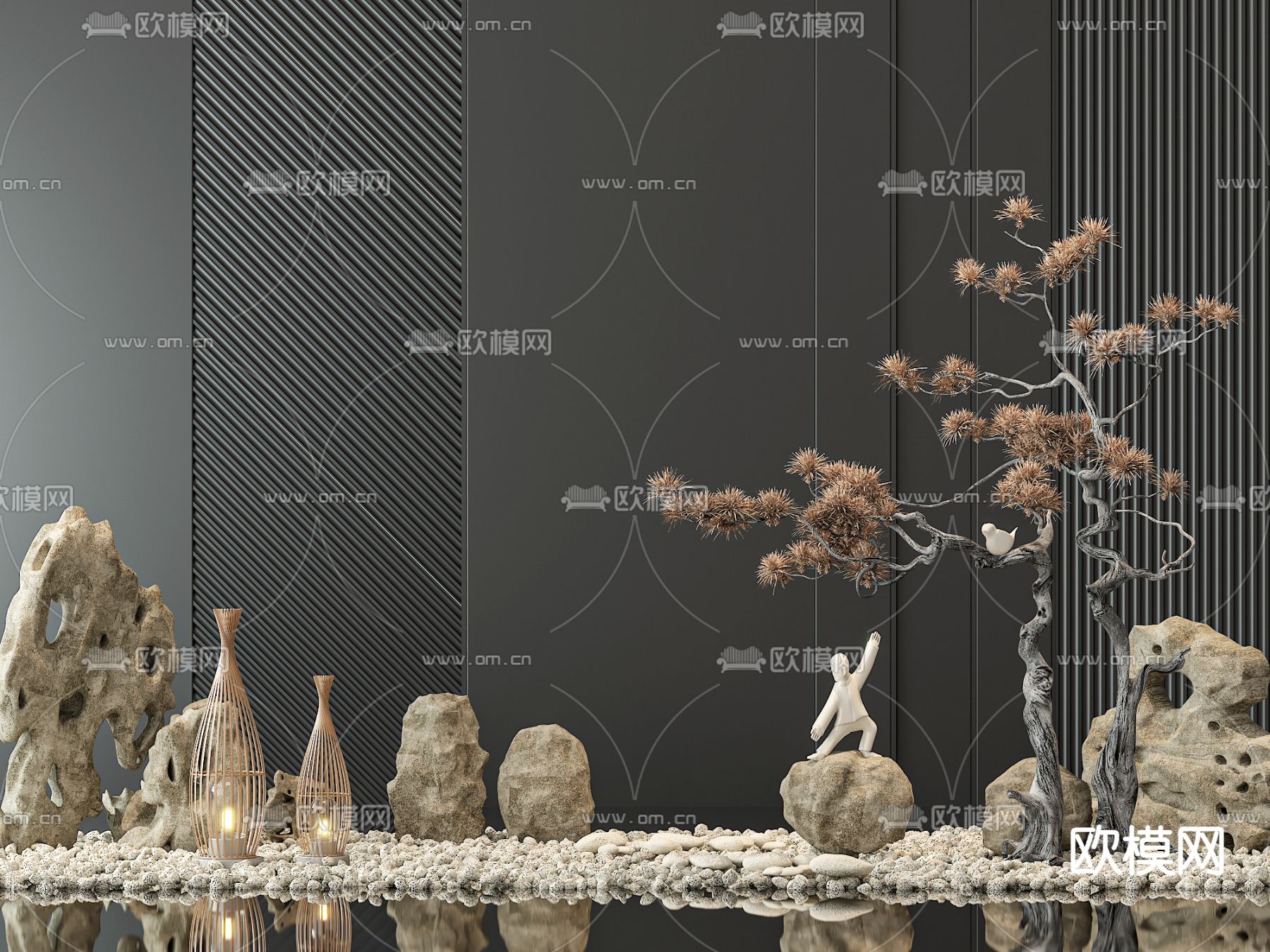 景观小品 景观石 鹅卵石 枯树枝3d模型下载