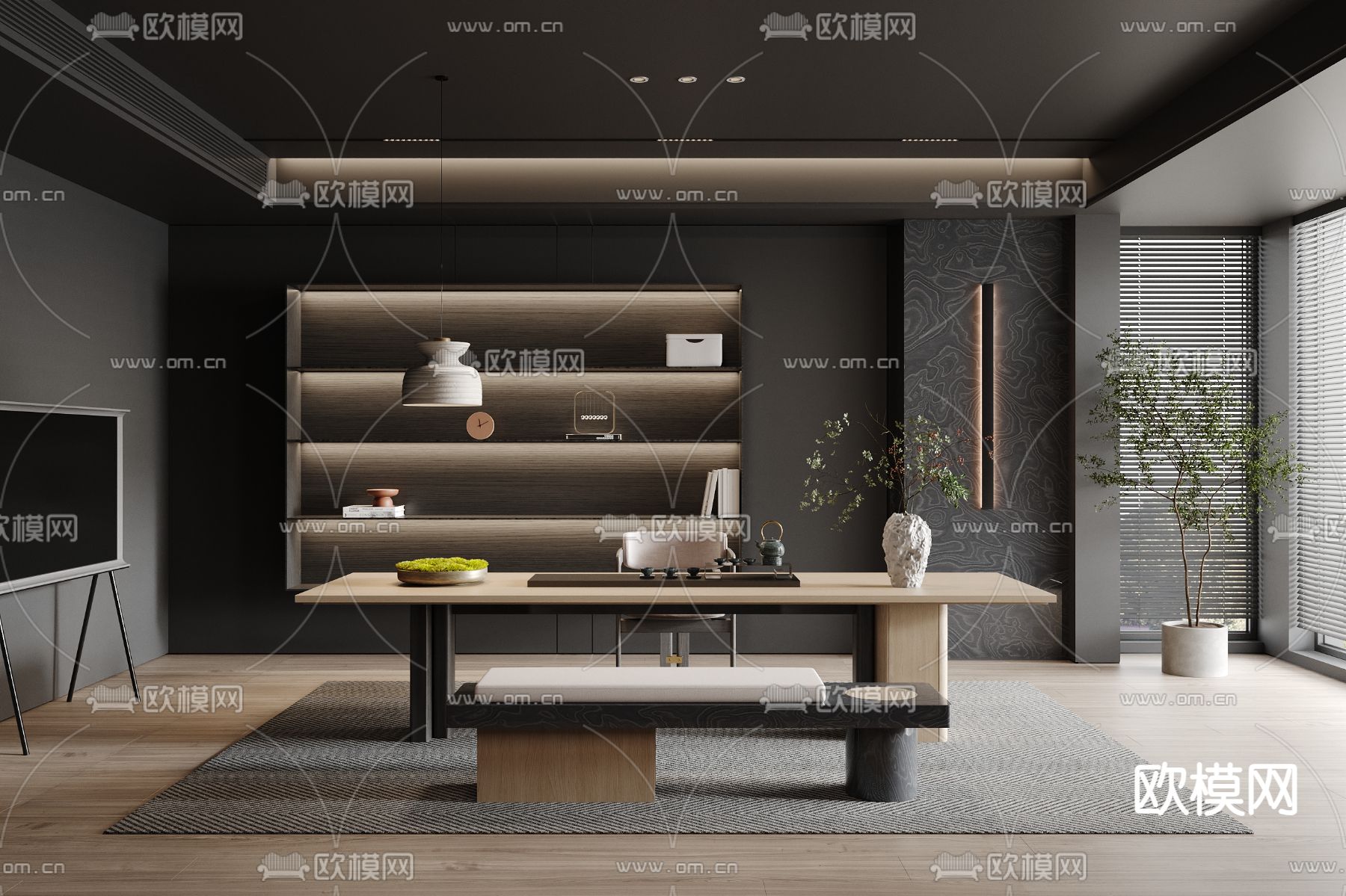 新中式茶室 暗黑风茶室3d模型下载（渲染图1）