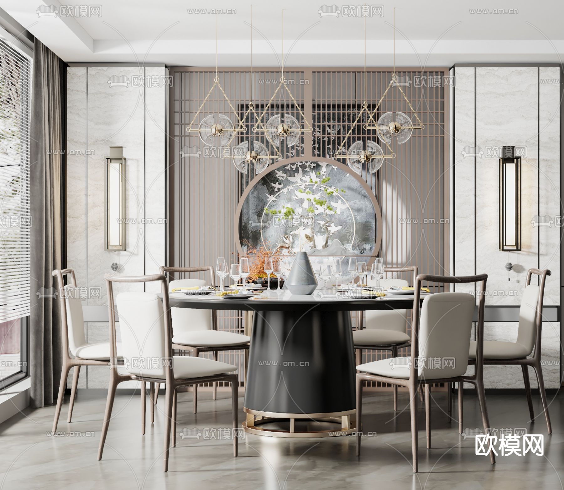 新中式餐桌椅su模型下载（渲染图1）