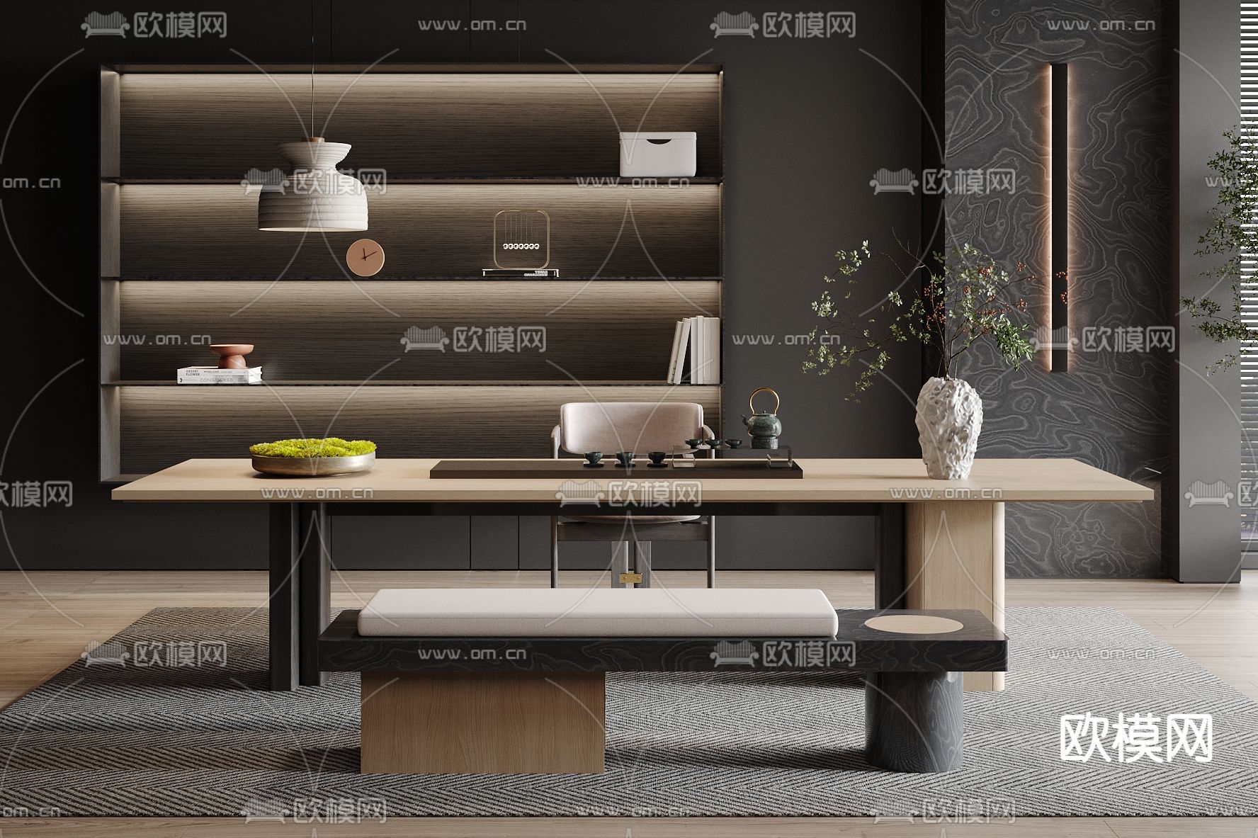 新中式茶室 暗黑风茶室3d模型下载（渲染图2）