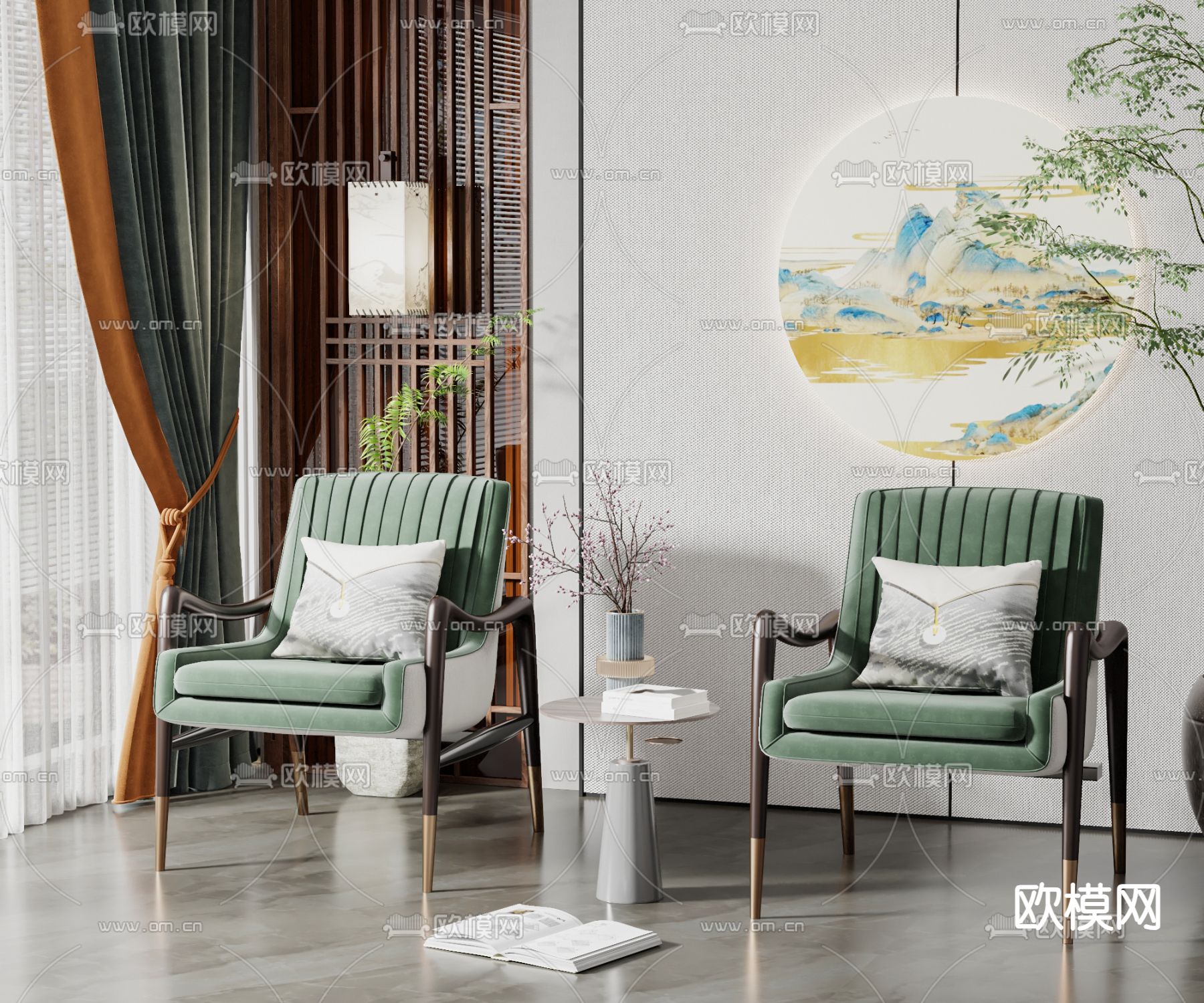 新中式休闲椅su模型下载（渲染图1）
