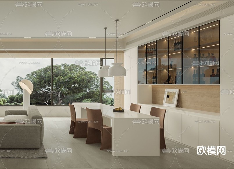 奶油风客厅 餐厅3d模型下载(渲染图3)