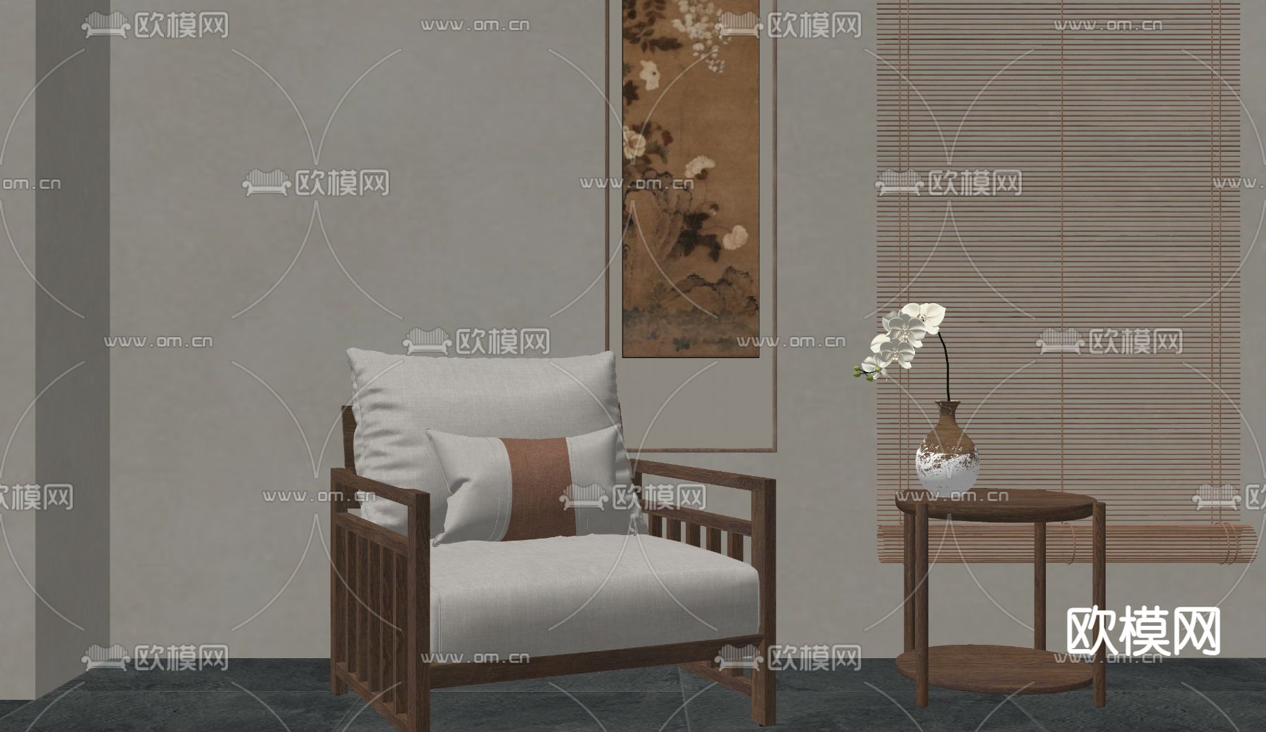 新中式单人沙发su模型下载（渲染图2）