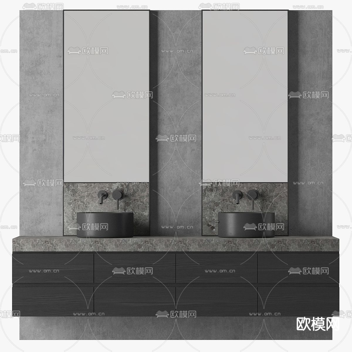 高级灰台盆 双盆洗手台3d模型下载（渲染图1）