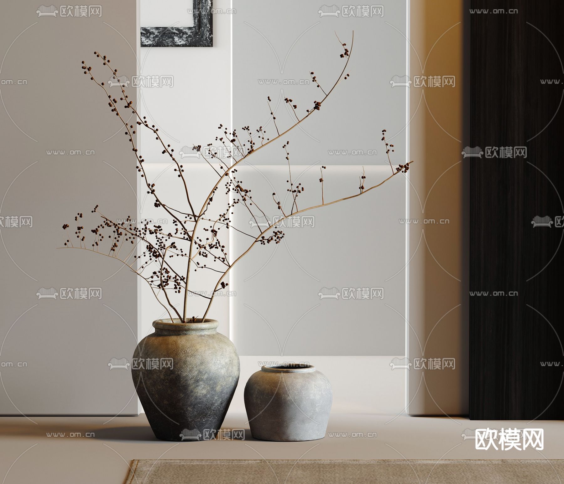 陶罐 花瓶 花艺 干枝 干花3d模型下载