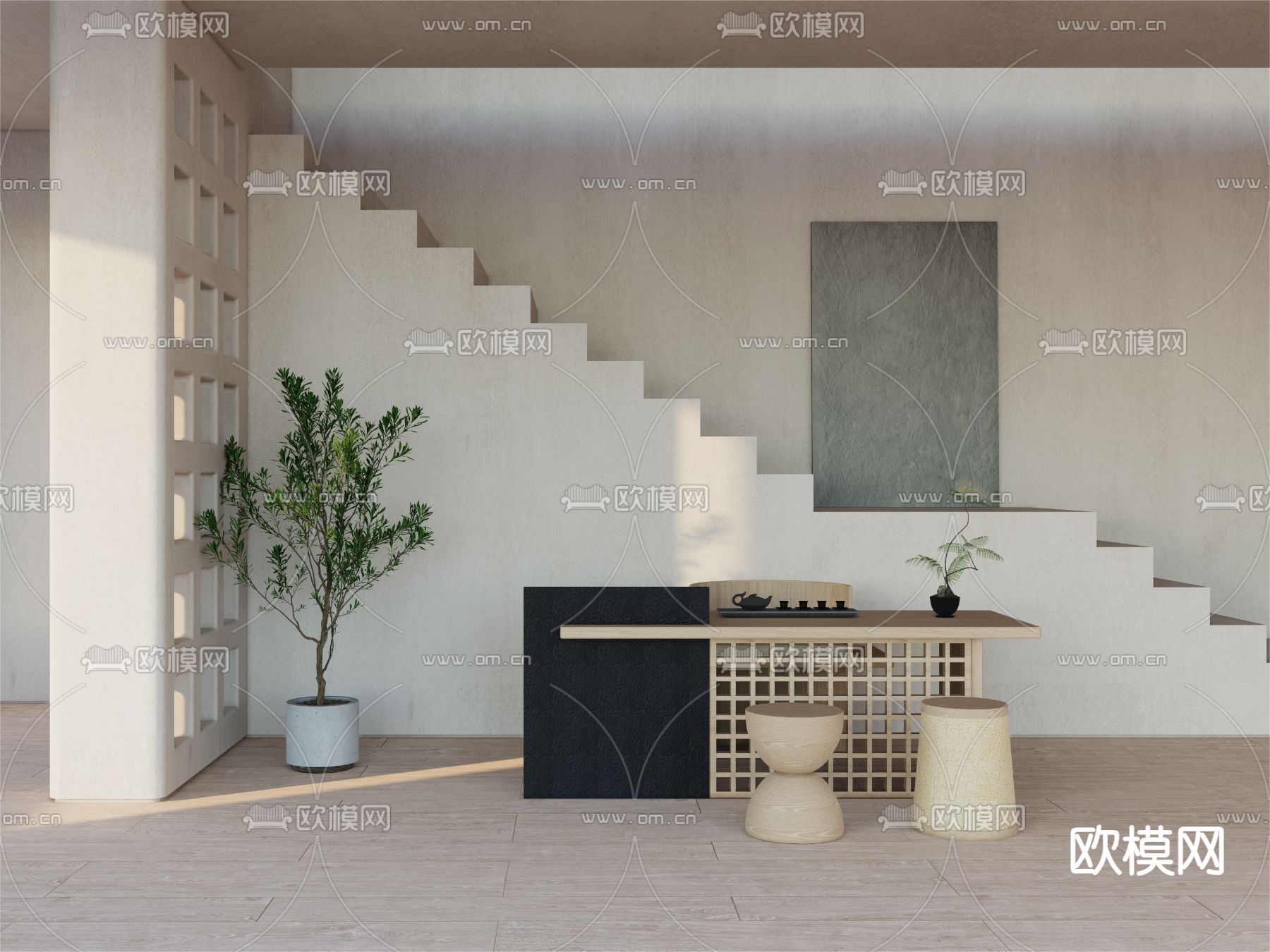 侘寂茶桌 茶台3d模型下载（渲染图1）