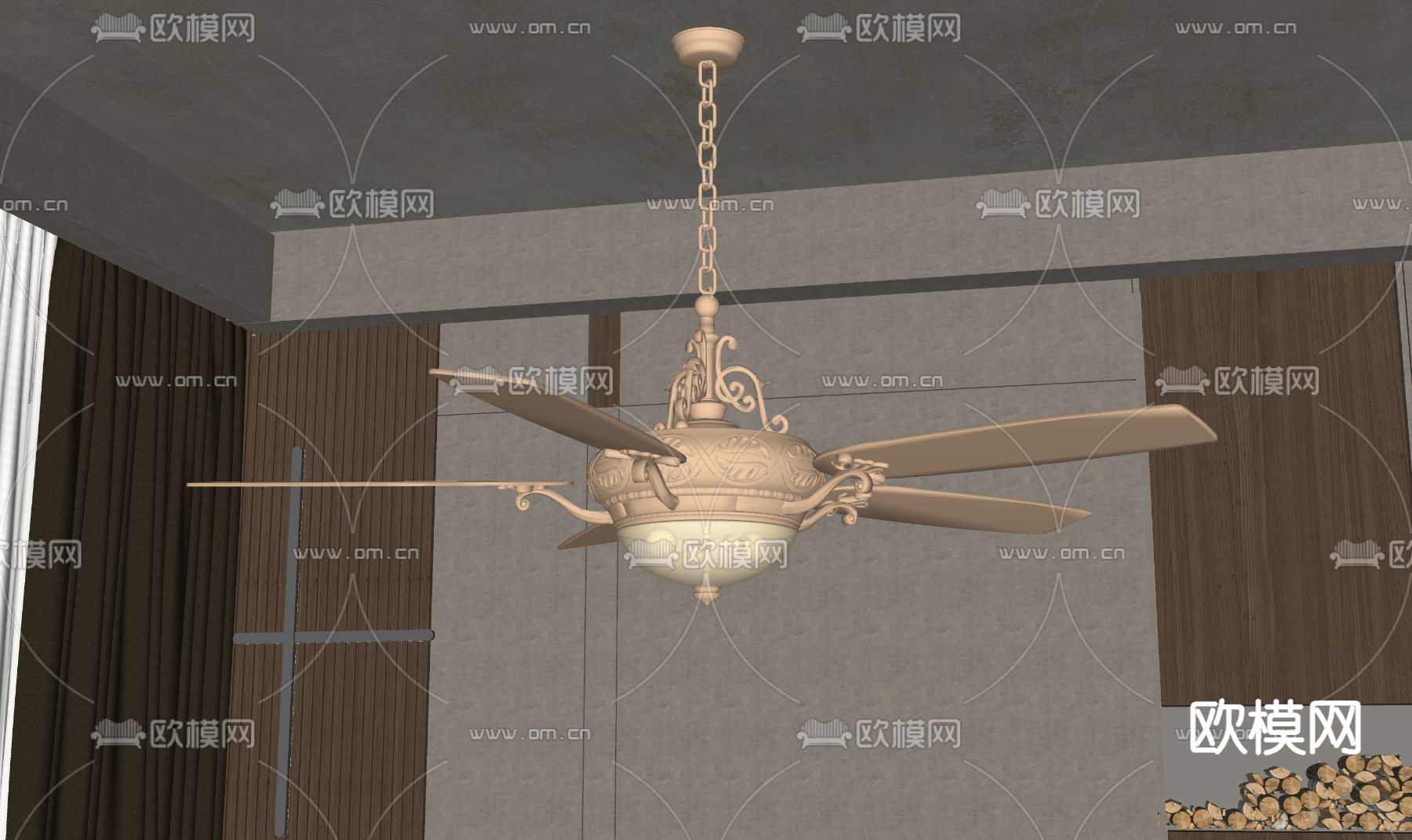 美式风扇灯su模型下载（渲染图2）