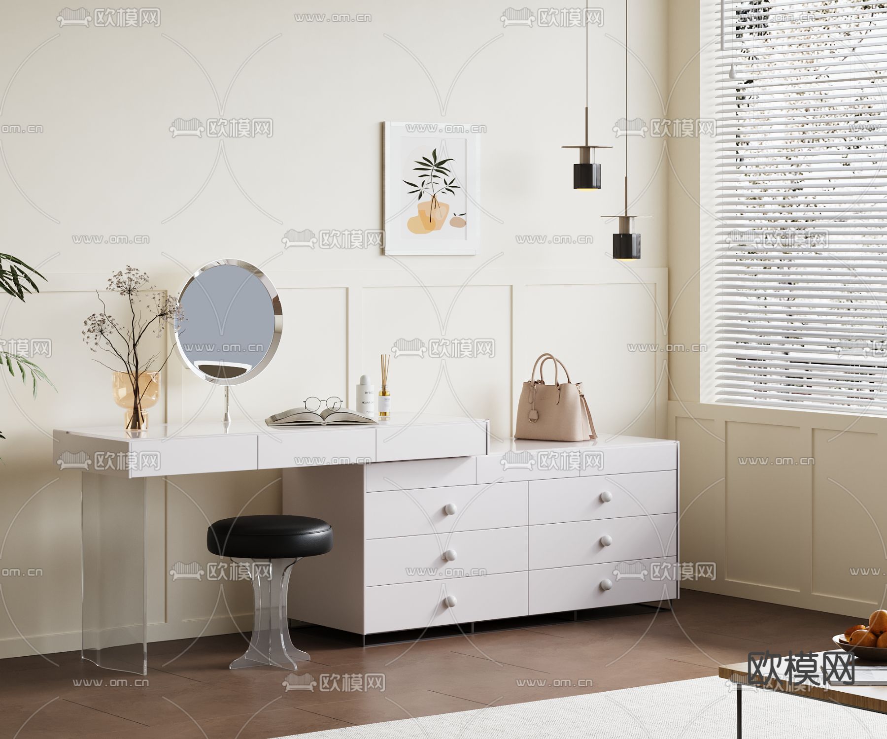 奶油风梳妆台3d模型下载