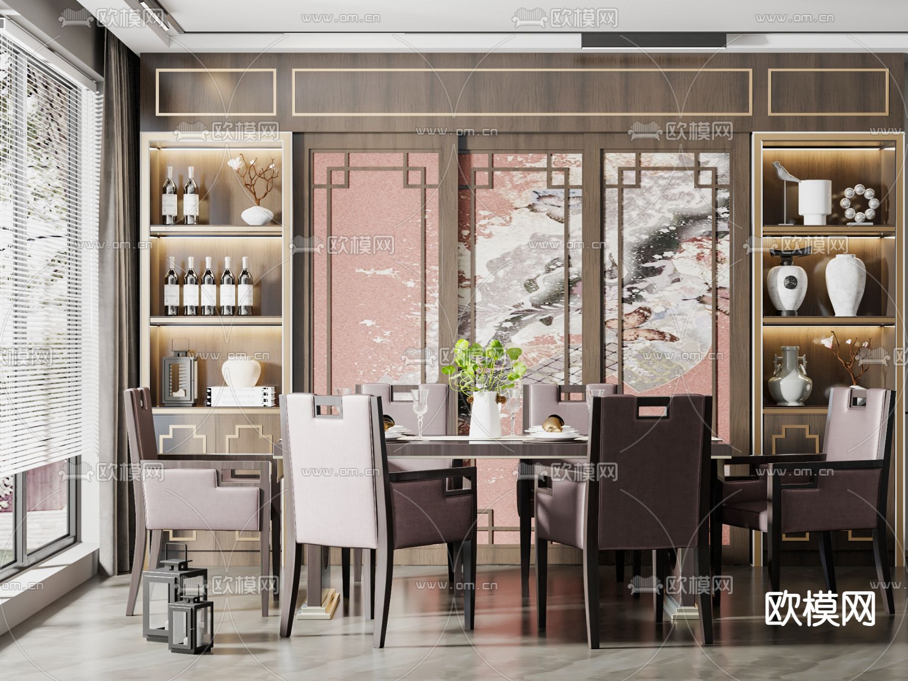 新中式餐厅su模型下载（渲染图1）