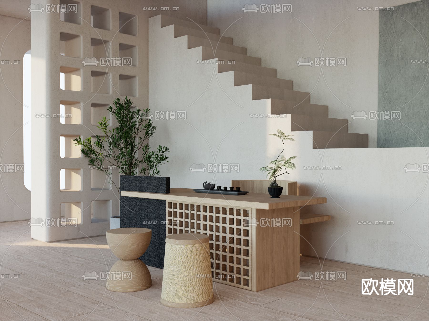 侘寂茶桌 茶台3d模型下载（渲染图2）