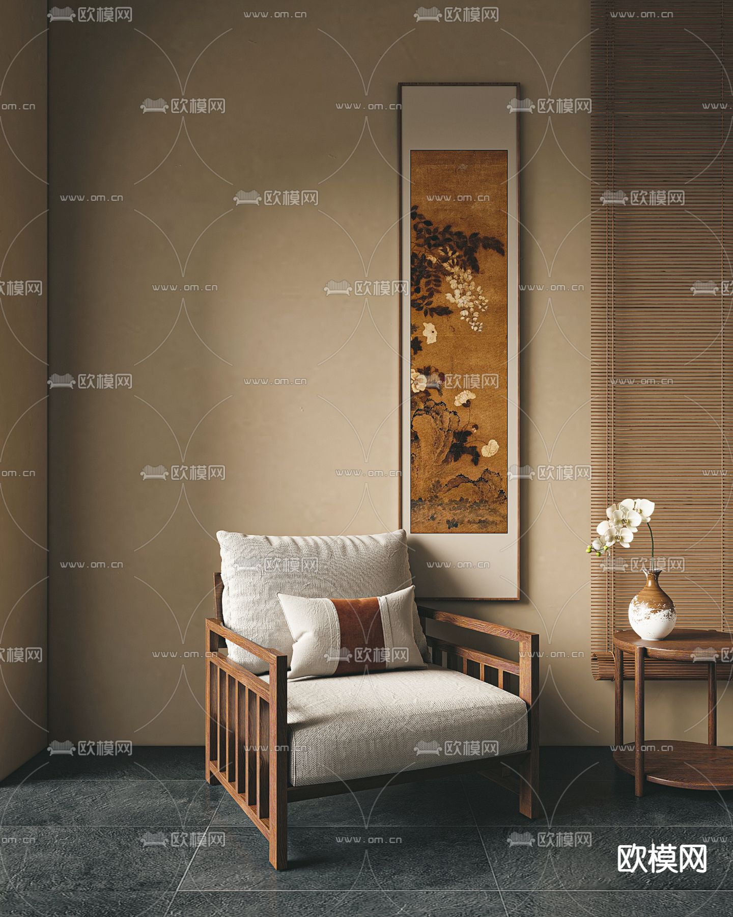 新中式单人沙发su模型下载（渲染图1）