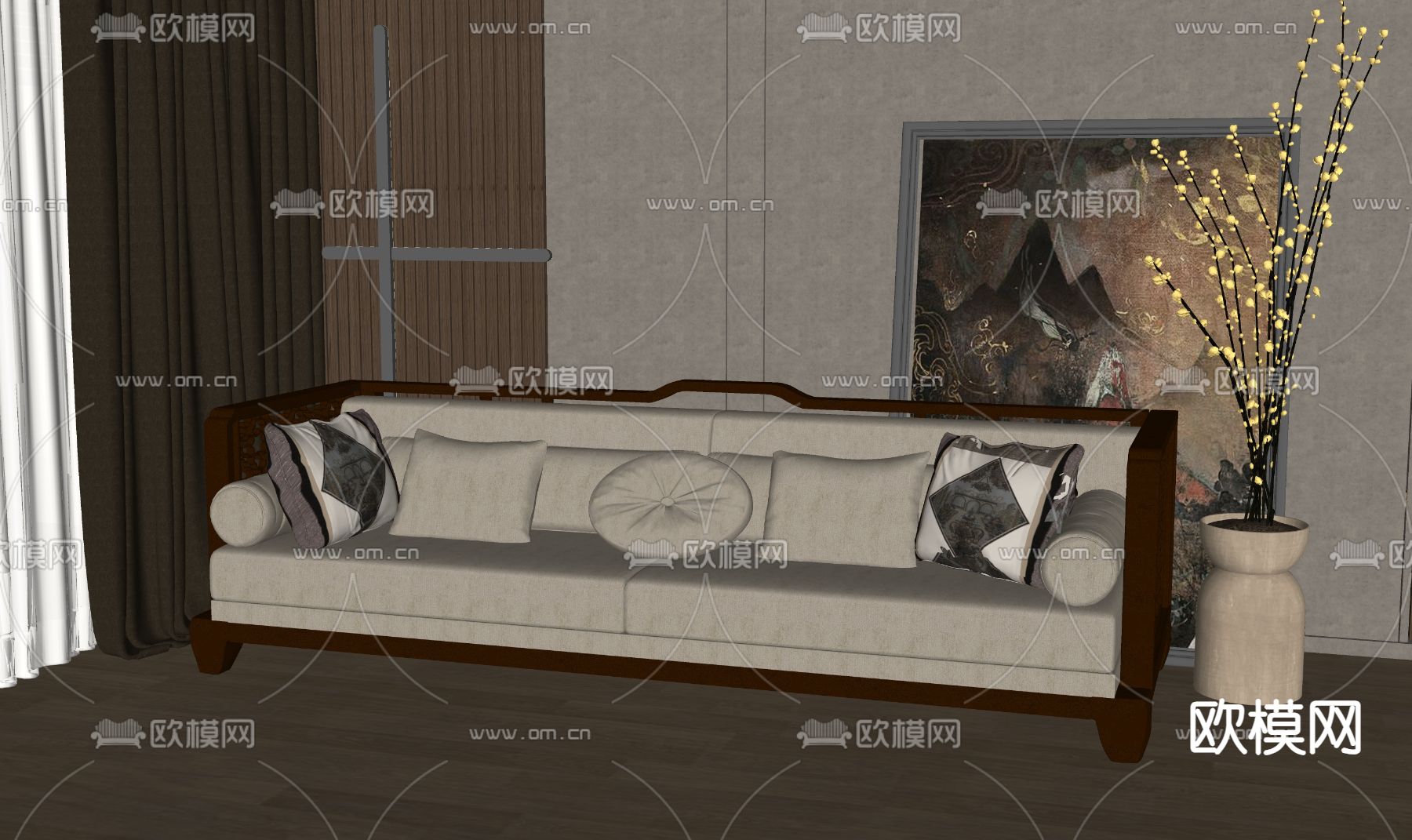 新中式双人沙发su模型下载（渲染图2）