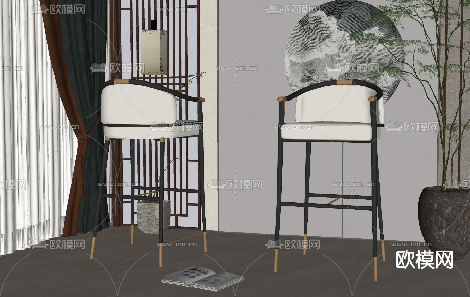 新中式吧椅su模型下载（渲染图2）
