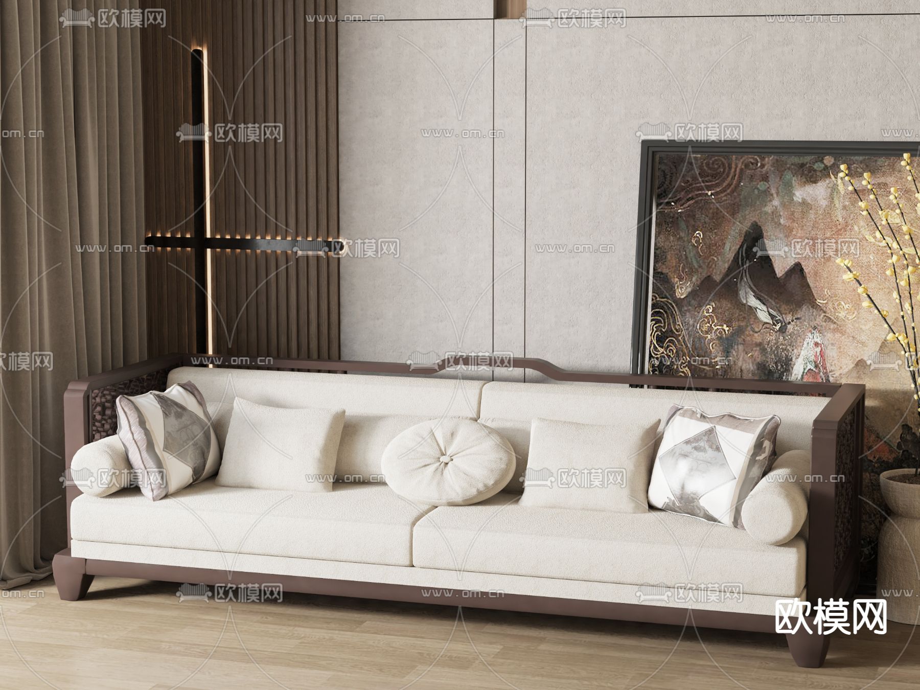 新中式双人沙发su模型下载（渲染图1）