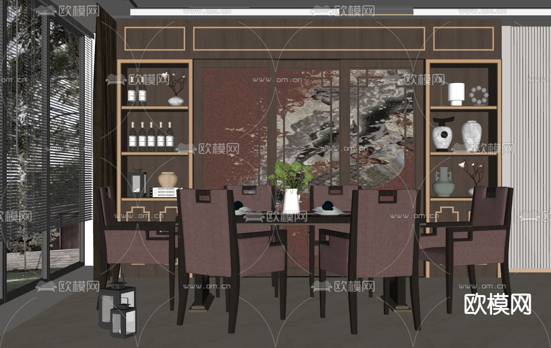 新中式餐厅su模型下载（渲染图2）