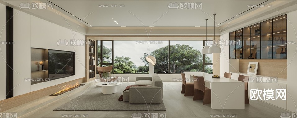 奶油风客厅 餐厅3d模型下载(渲染图1)