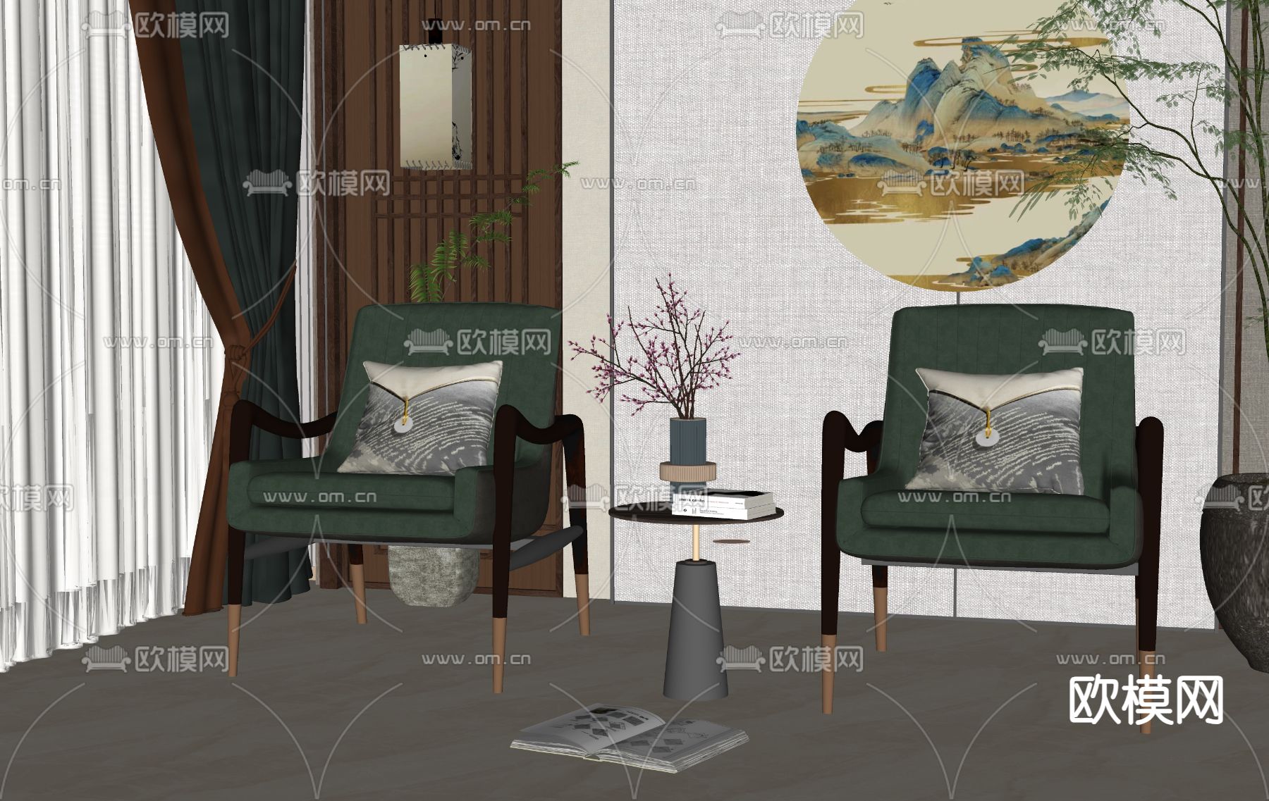 新中式休闲椅su模型下载（渲染图2）
