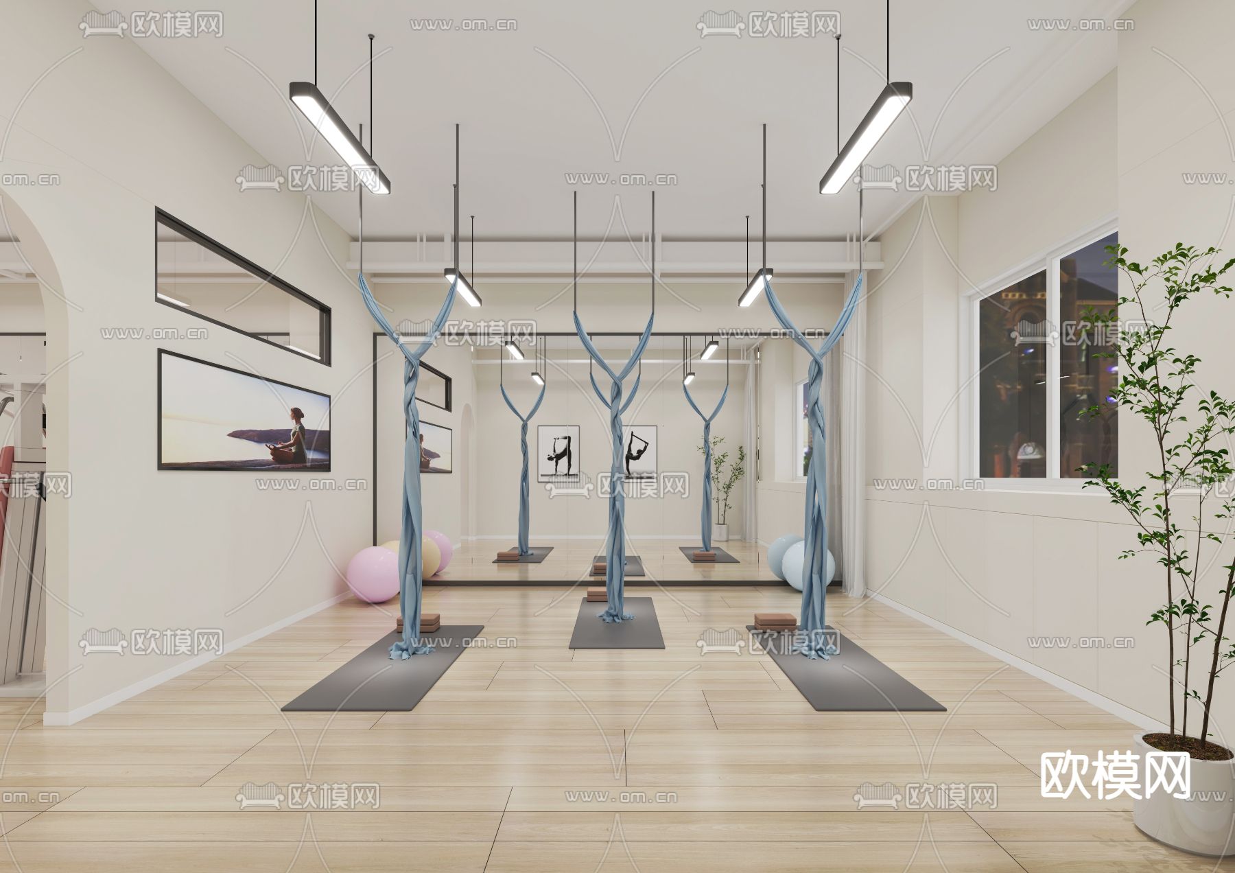 奶油风健身房 瑜伽室 舞蹈教室3d模型下载（渲染图1）