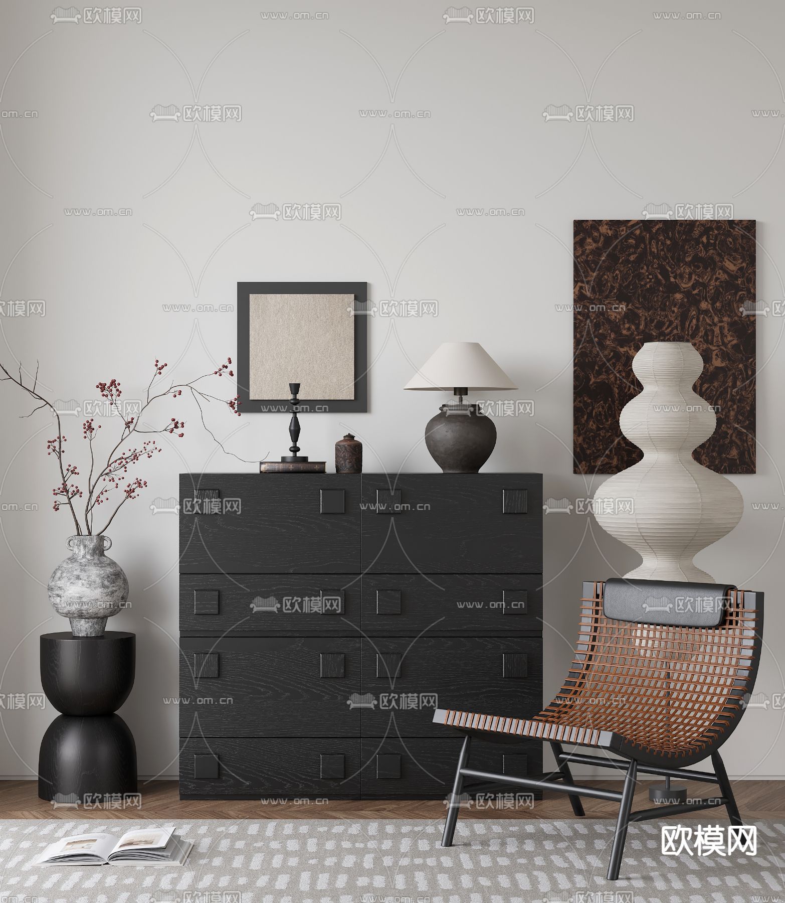 中古风边柜 玄关柜 端景柜3d模型下载（渲染图1）