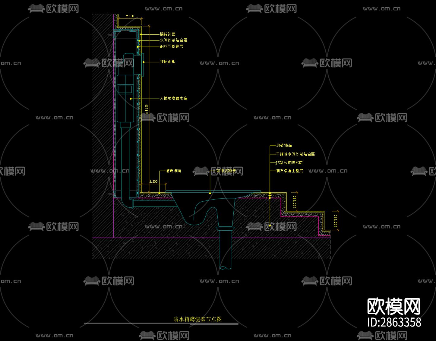 暗水箱蹲便器cad大样图下载（渲染图2）