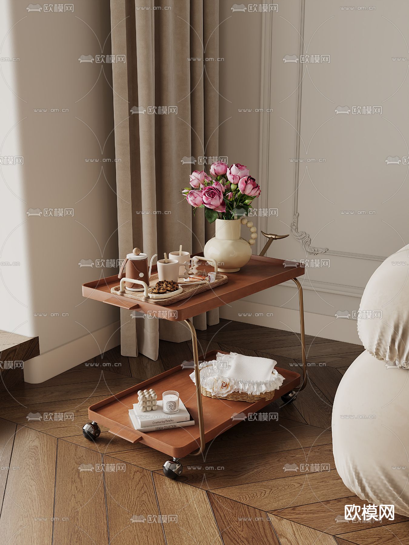 中古风小推车 边几3d模型下载