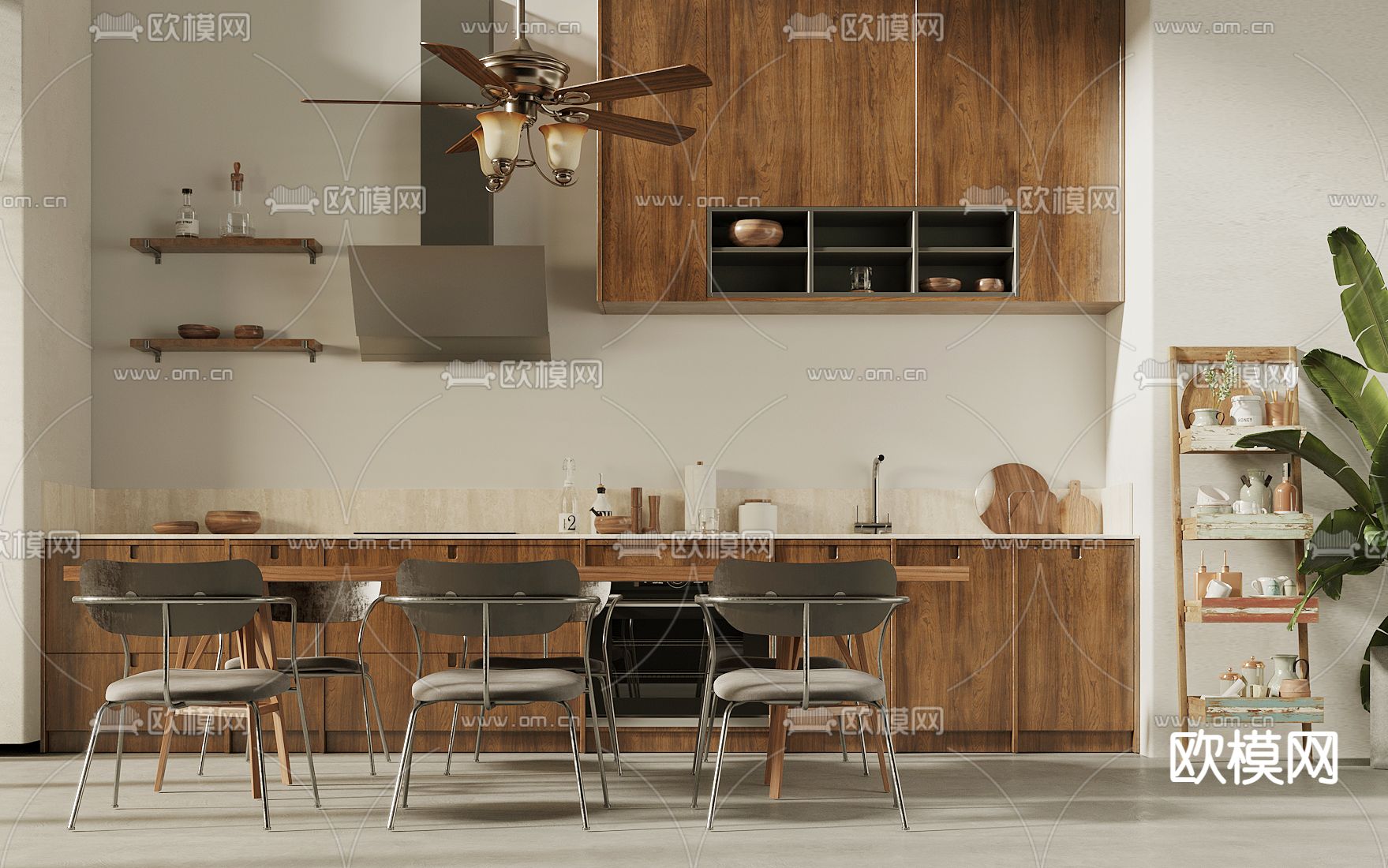 中古风橱柜 餐桌椅su模型下载