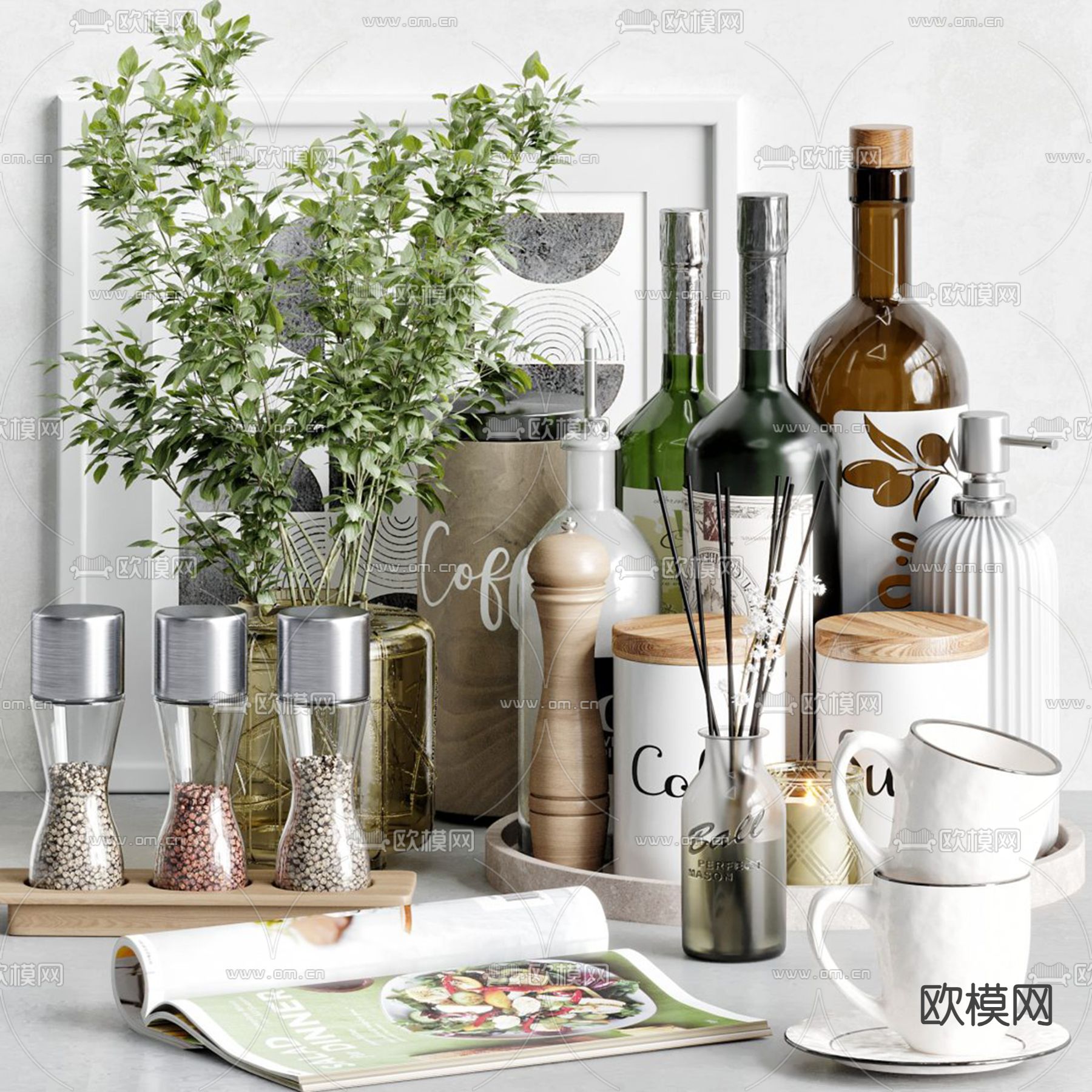 厨房用品 砧板 调味品3d模型下载（渲染图4）