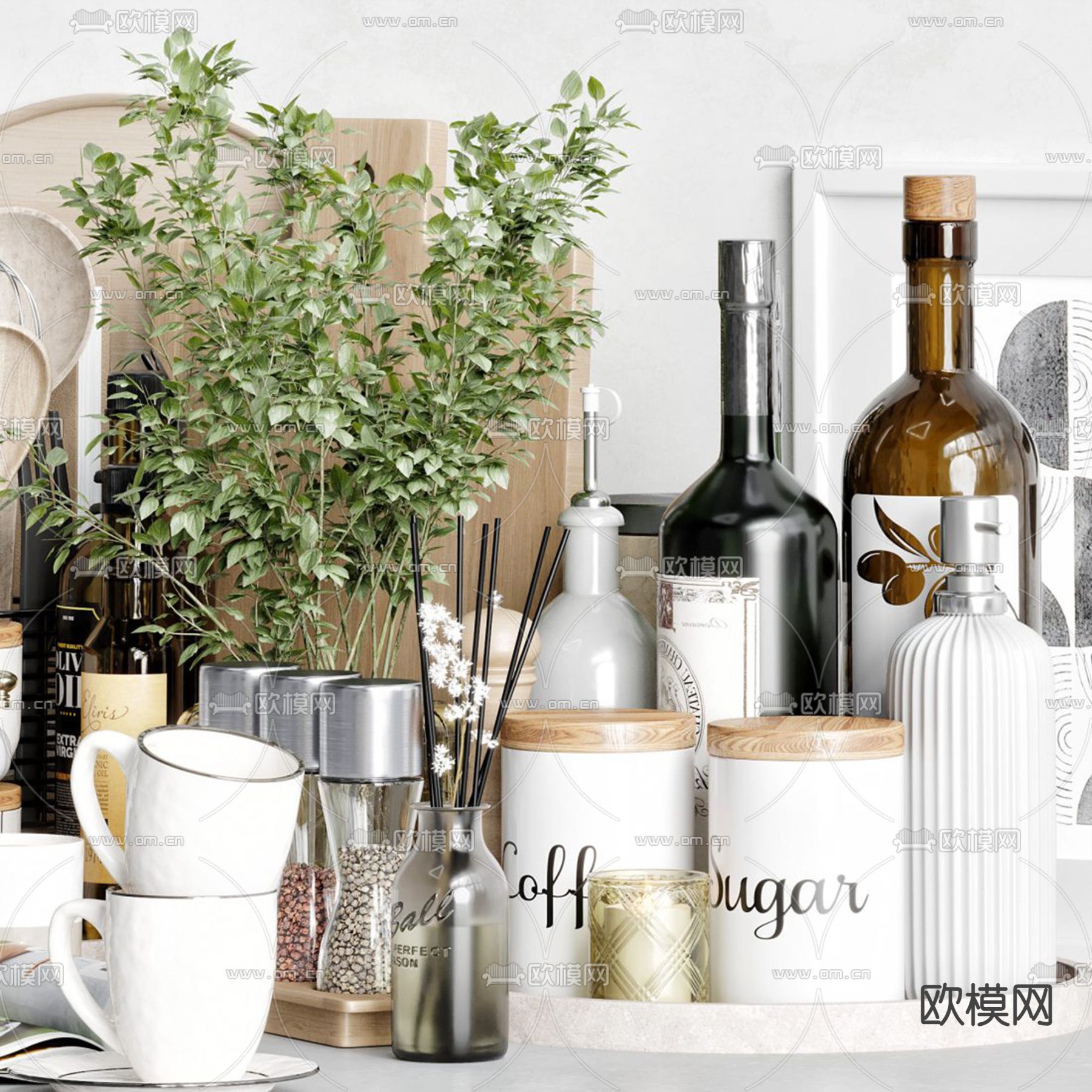 厨房用品 砧板 调味品3d模型下载（渲染图2）