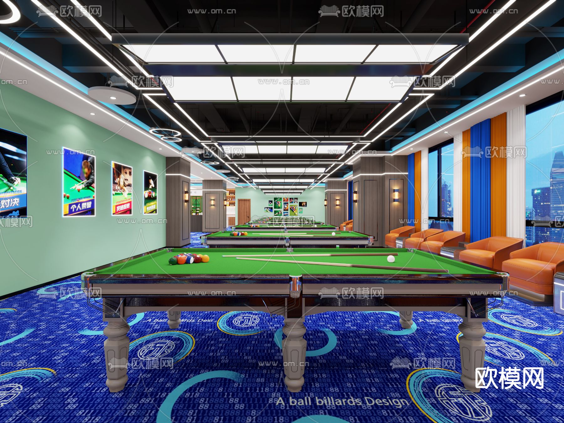 现代台球厅 桌球馆3d模型下载（渲染图1）
