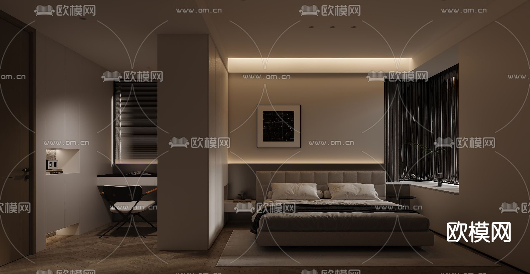 现代卧室 次卧3d模型下载（渲染图2）