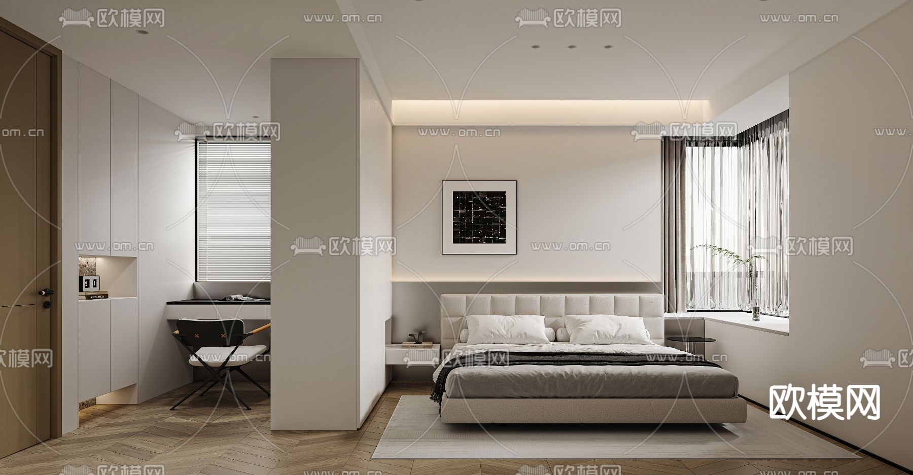 现代卧室 次卧3d模型下载（渲染图1）
