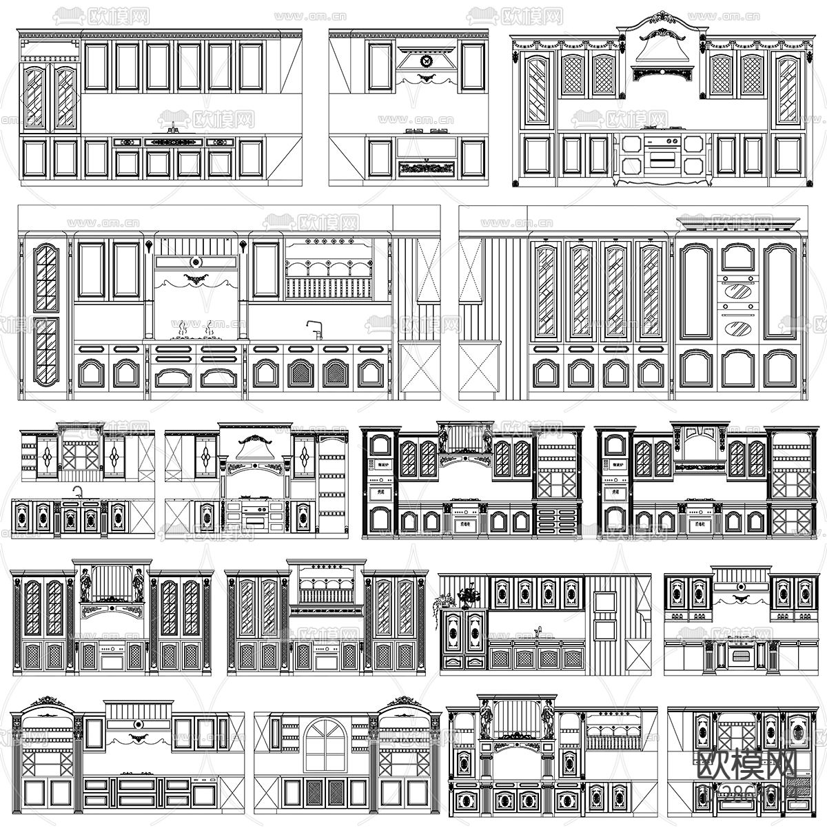 欧式古典风实木橱柜CAD施工图下载（渲染图6）