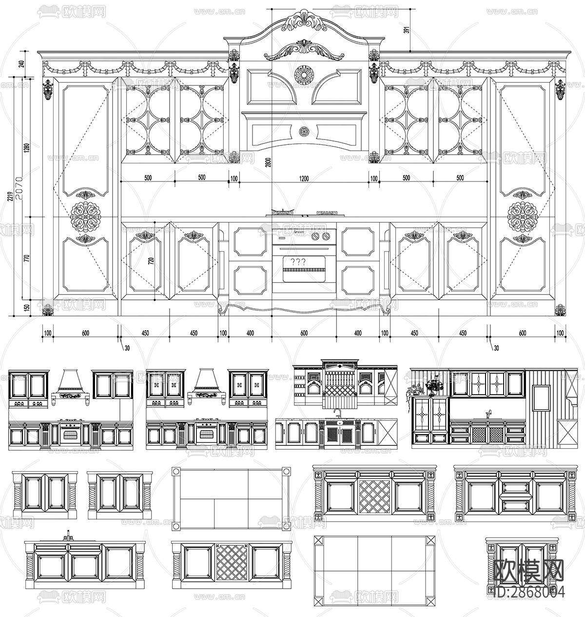 欧式古典风实木橱柜CAD施工图下载（渲染图3）