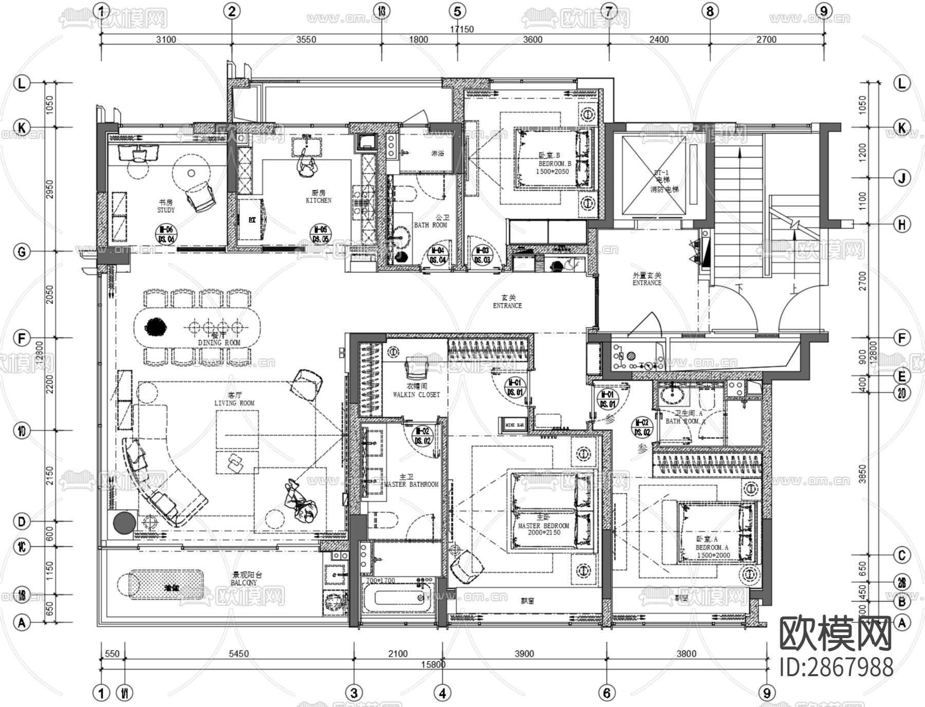 189m²平层样板间CAD施工图下载（渲染图1）