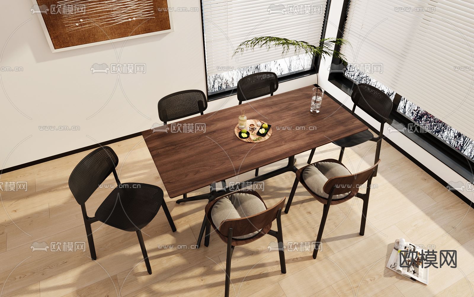 中古风餐桌椅 条形餐桌3d模型下载