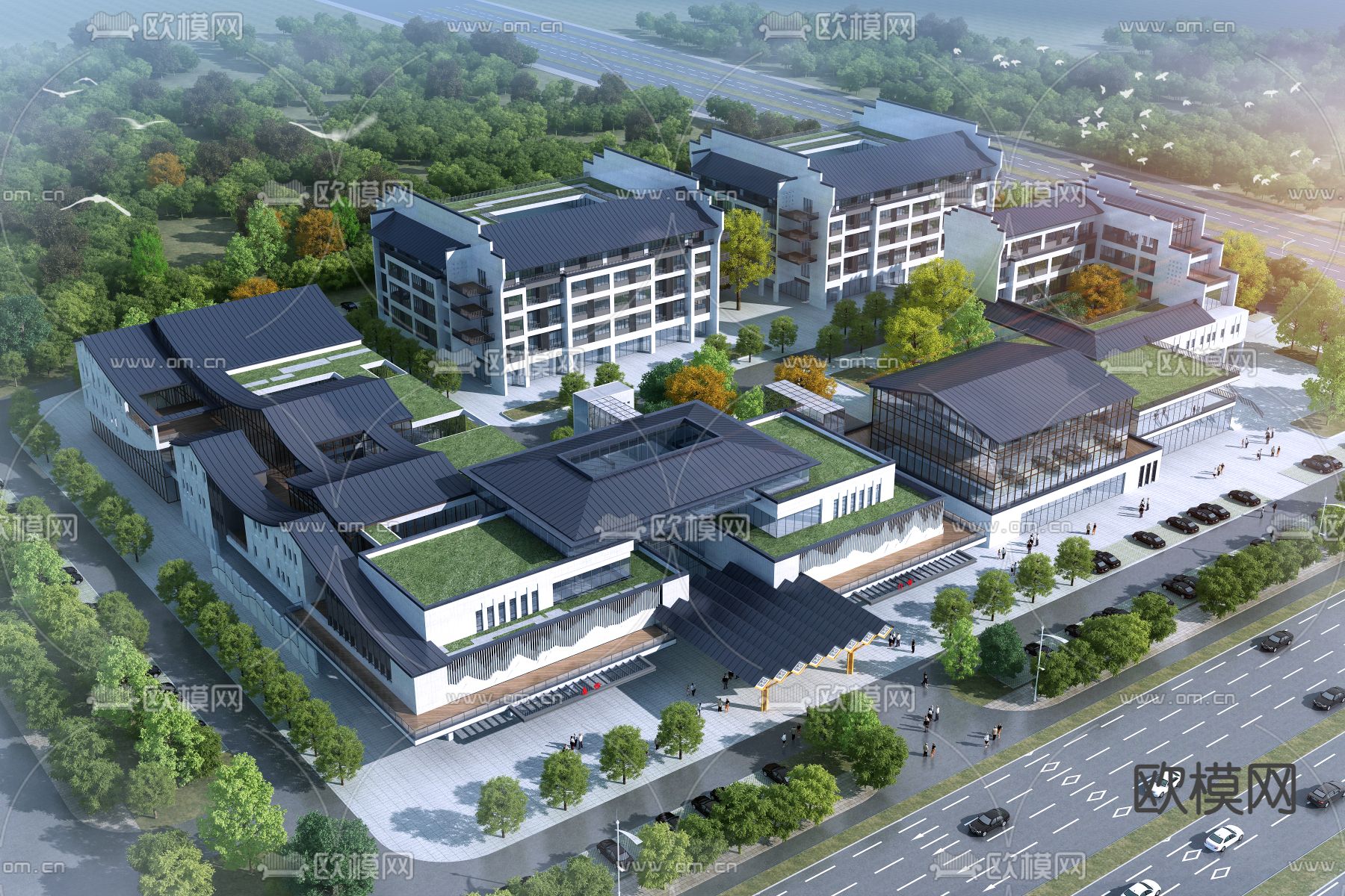 中式医院鸟瞰3d模型下载