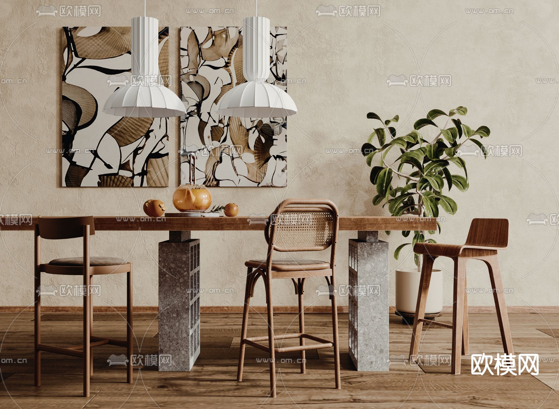 侘寂吧台 吧椅3d模型下载