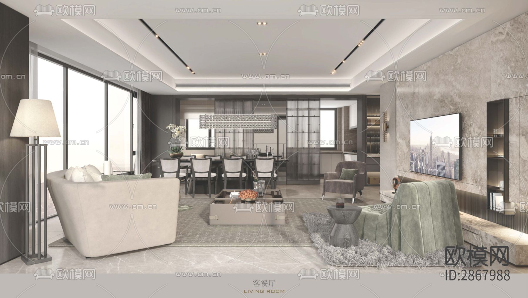 189m²平层样板间CAD施工图下载（渲染图7）