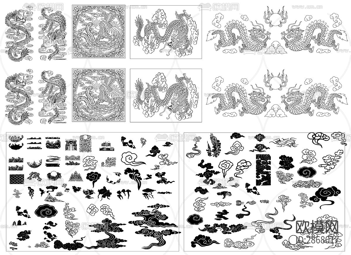 中式古典风格祥云龙凤设计cad图库下载（渲染图1）