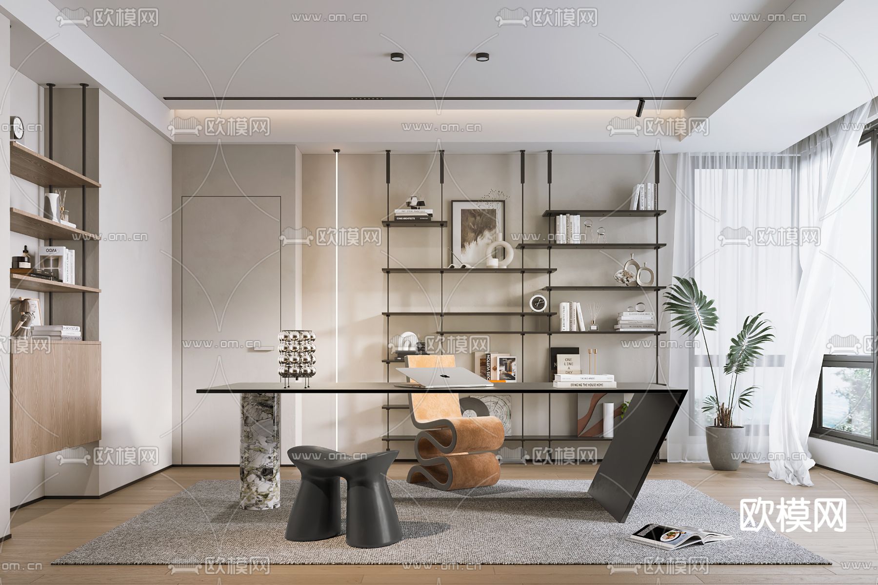 奶油风书房su模型下载（渲染图1）