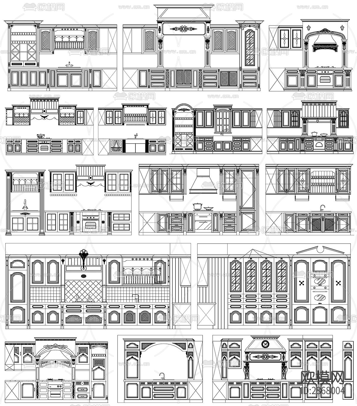 欧式古典风实木橱柜CAD施工图下载（渲染图2）
