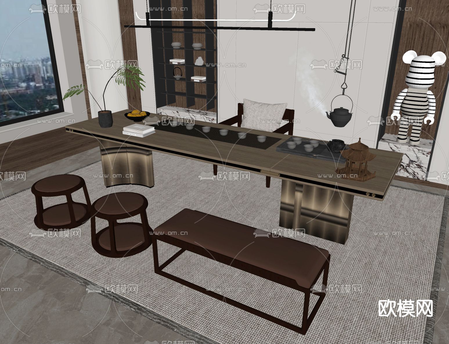 现代茶桌 茶台su模型下载（渲染图2）