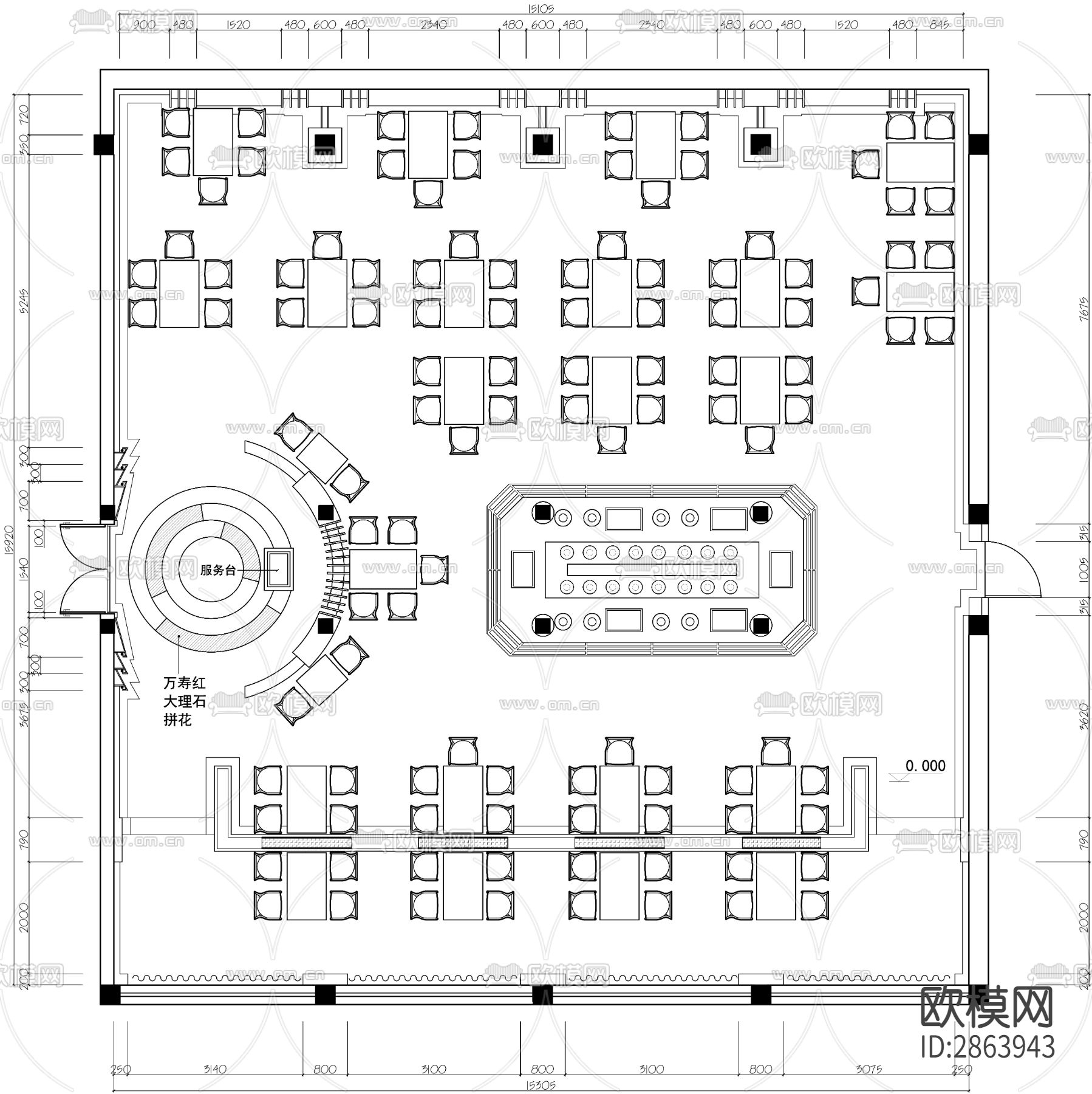 自助餐区CAD平面图下载（渲染图2）