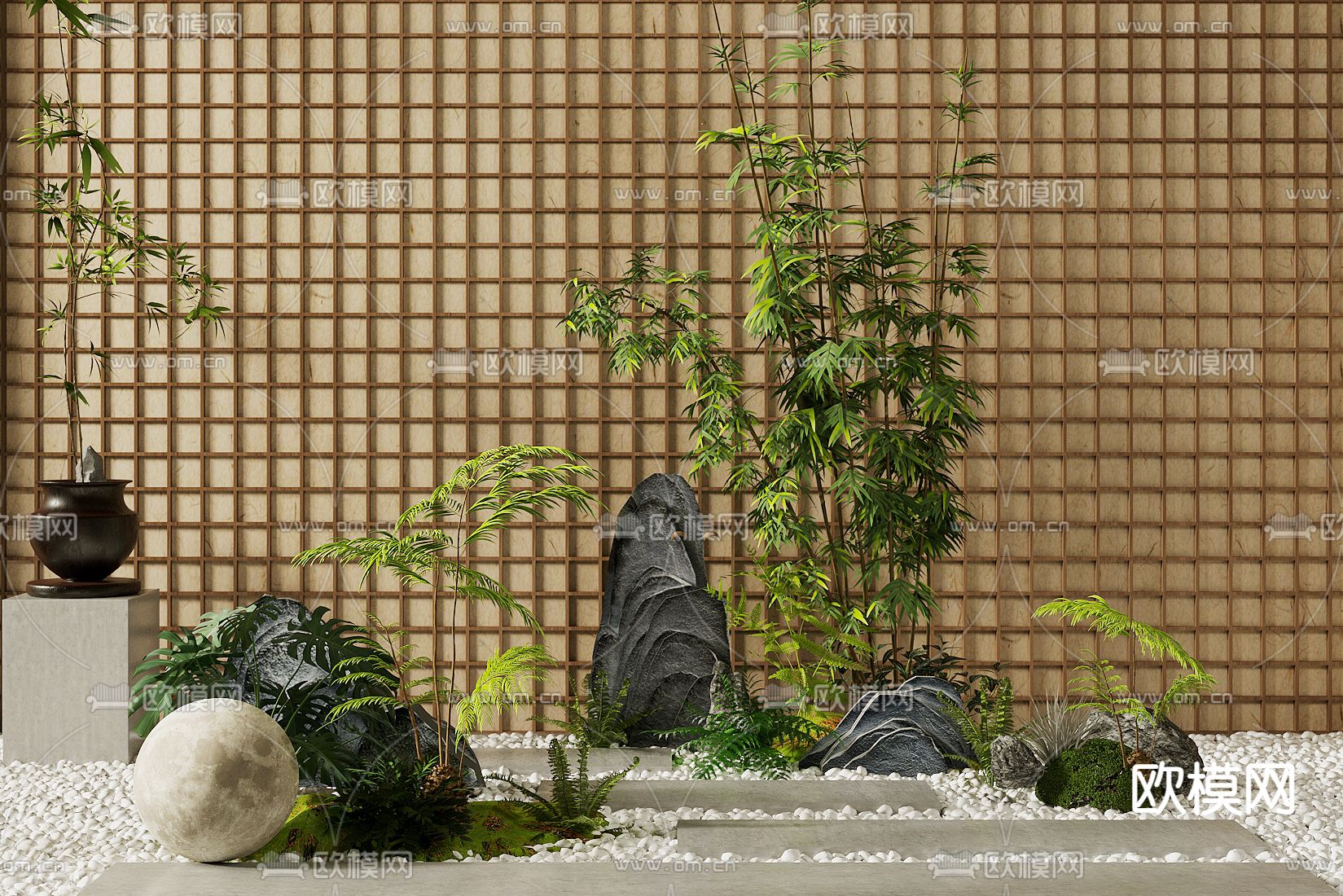 庭院造景 景观小品 竹子 景观石3d模型下载