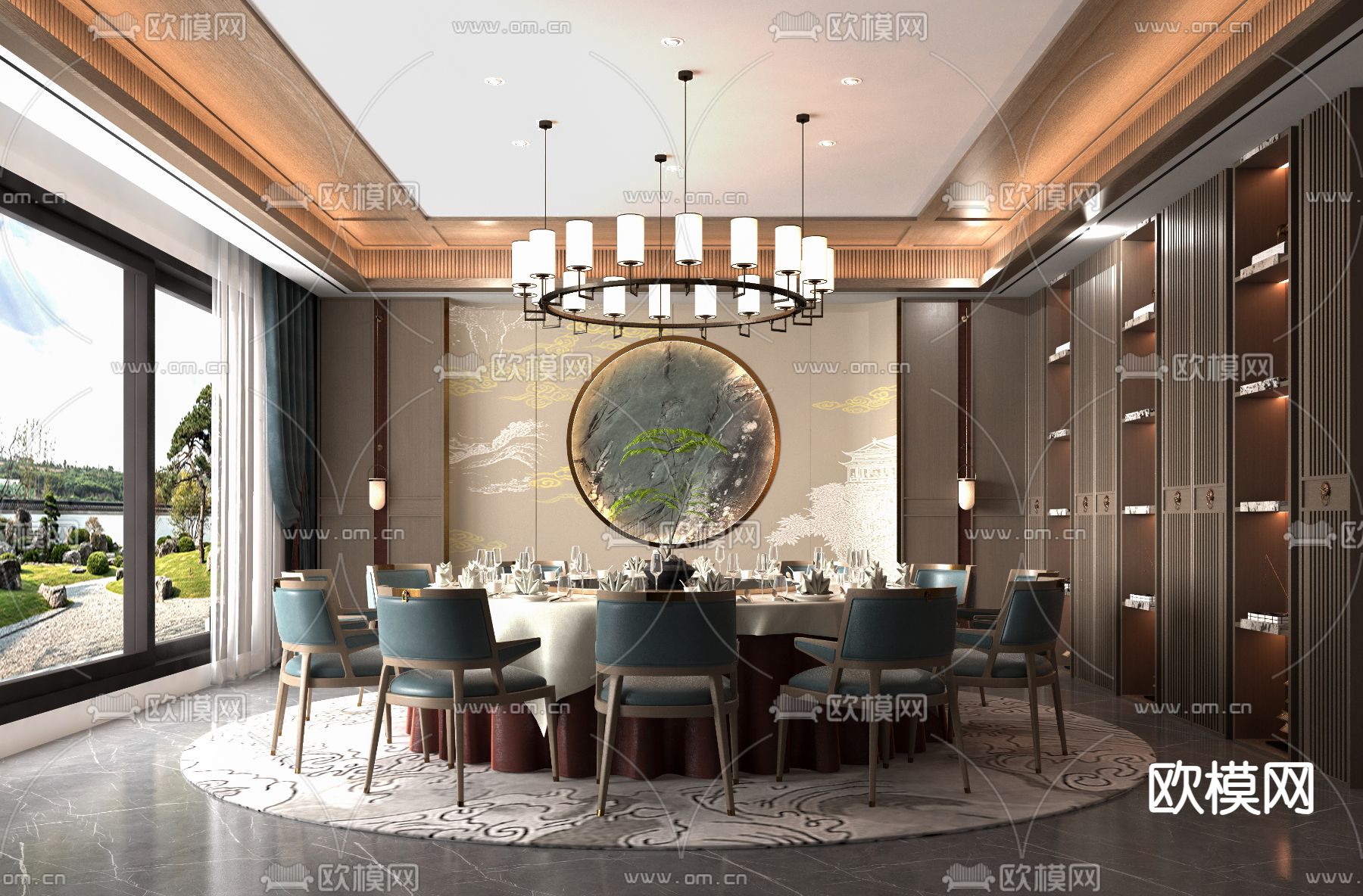 新中式餐厅包间su模型下载（渲染图1）