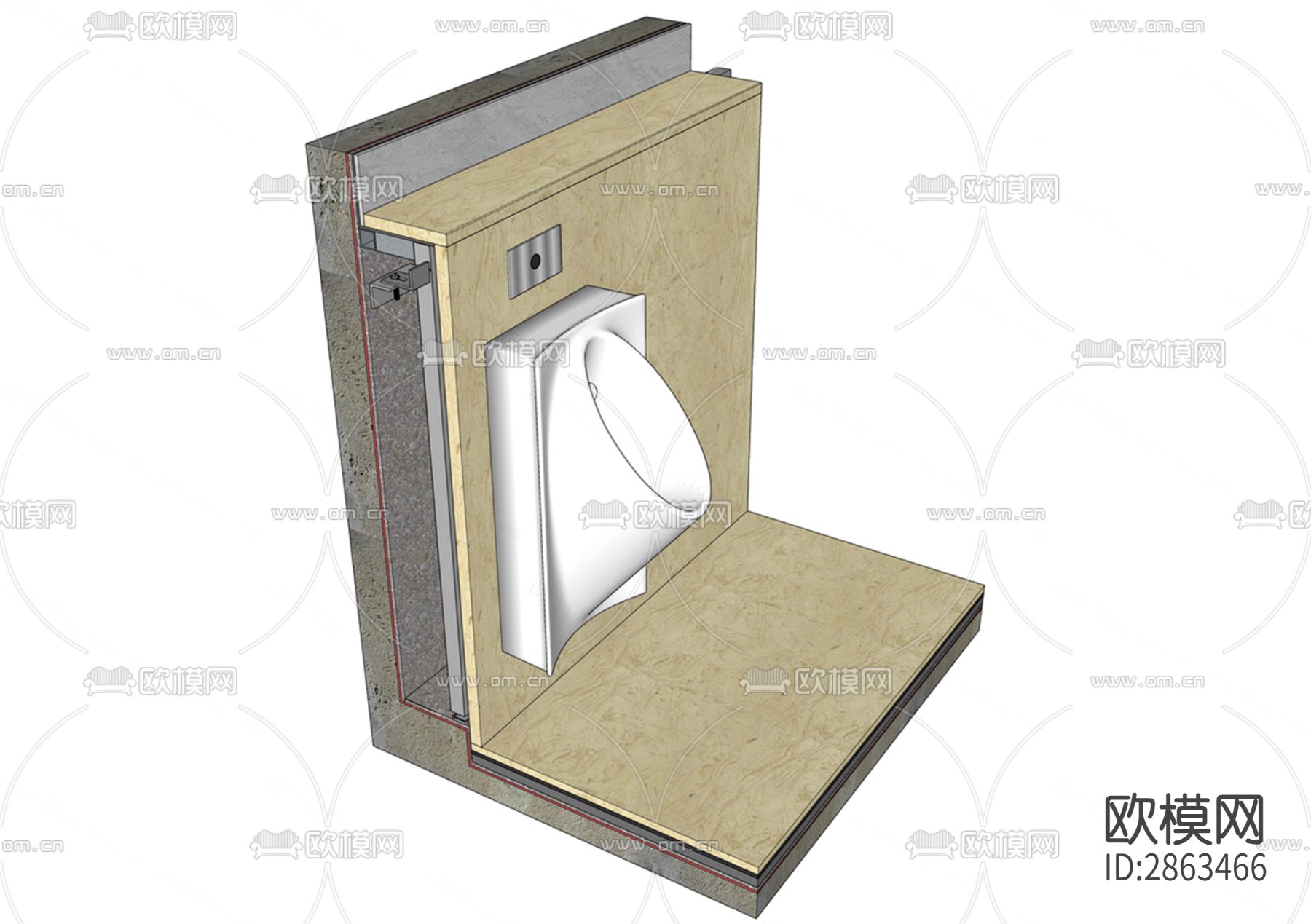 挂墙式小便器CAD大样图下载（渲染图2）