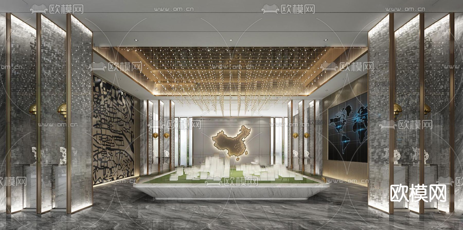 新中式售楼部 沙盘区3d模型下载（渲染图1）