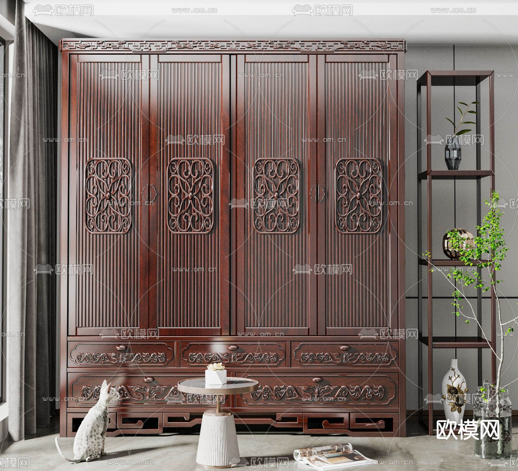 中式雕花衣柜su模型下载（渲染图1）